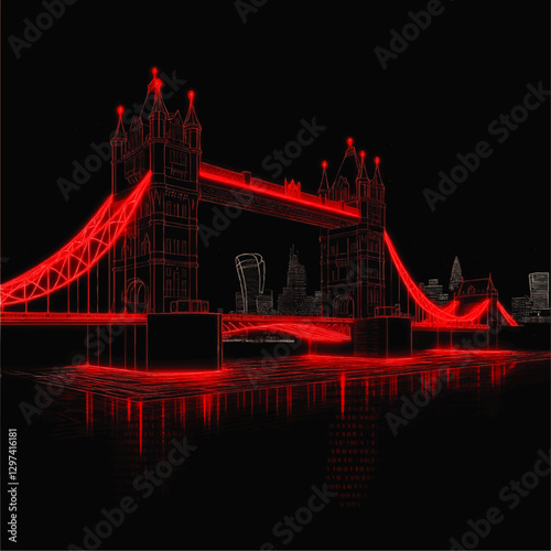 Futuristic Neon Vector of Tower Bridge London with City Skyline at Night - Digital Art Featuring Iconic Architecture and Modern Urban Silhouette in Red Glow