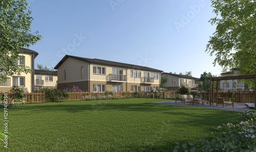 Sunny residential townhome complex backyard with patio