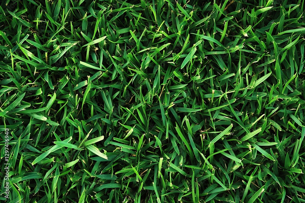 Obraz premium Close-up of vibrant green grass texture from a top view, showcasing dense, freshly cut blades. Ideal for design projects needing a natural and detailed touch.