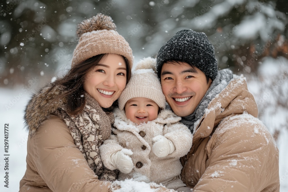 Fototapeta premium Family enjoys a winter day in the snow with their smiling baby wearing warm clothes in a snowy forest