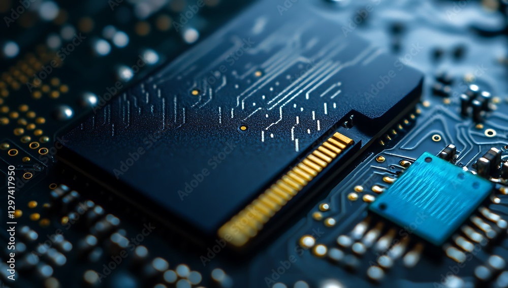 A close-up of a sleek, futuristic black memory card with gold and yellow accents, positioned alongside a blue micro SD card on a green circuit board. Set against a matte dark grey background. A close-up of a sleek, futuristic black memory card with gold and yellow accents, positioned alongside a blue micro SD card on a green circuit board. Set against a matte dark grey background.