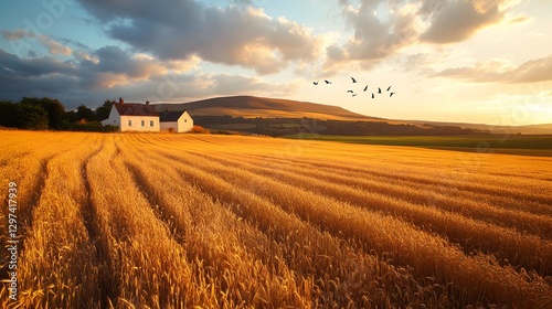 Serene sunset over golden wheat fields in nature photography photo