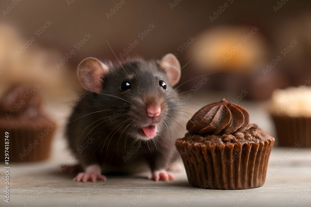 Fototapeta premium ugly rat licking chocolate cupcake, dark fur rodent with long tail tiny pink tongue sharp claws round ears