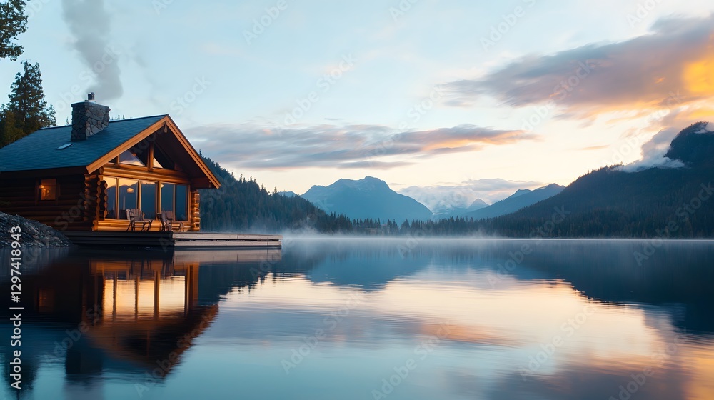 Fototapeta premium Tranquil lakeside cabin retreat at sunset nature landscape serene environment idyllic view