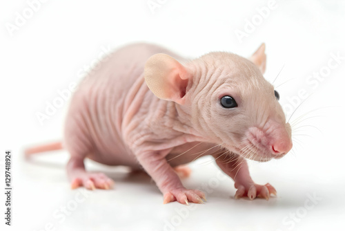 ugly rat with wrinkled pink skin small hairless rodent with sharp claws long tail beady eyes fragile body