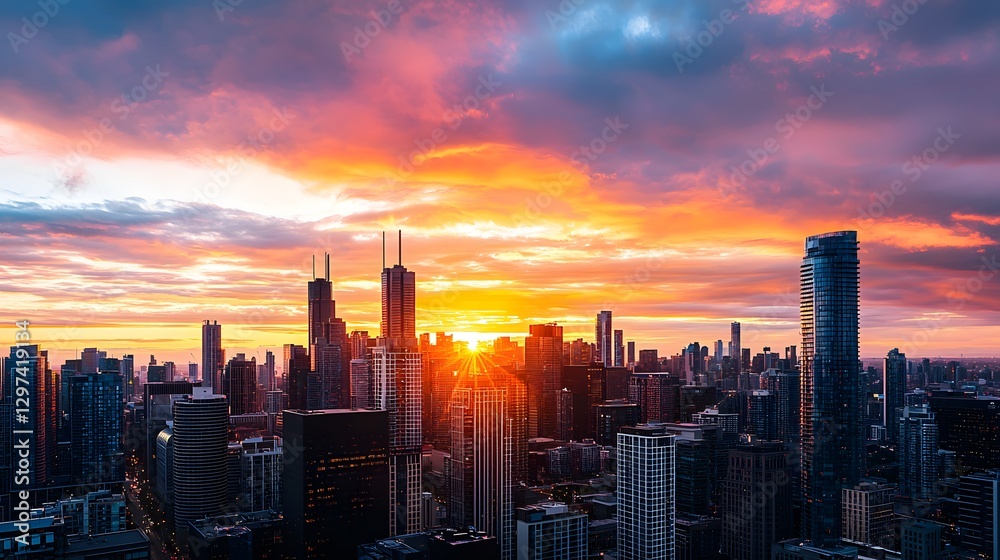 Fototapeta premium Urban sunset over modern skyline cityscape evening urban environment aesthetic view vibrant colors
