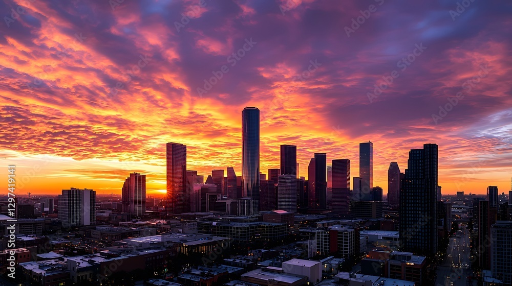 Obraz premium Urban sunset over modern skyline cityscape photography vibrant atmosphere