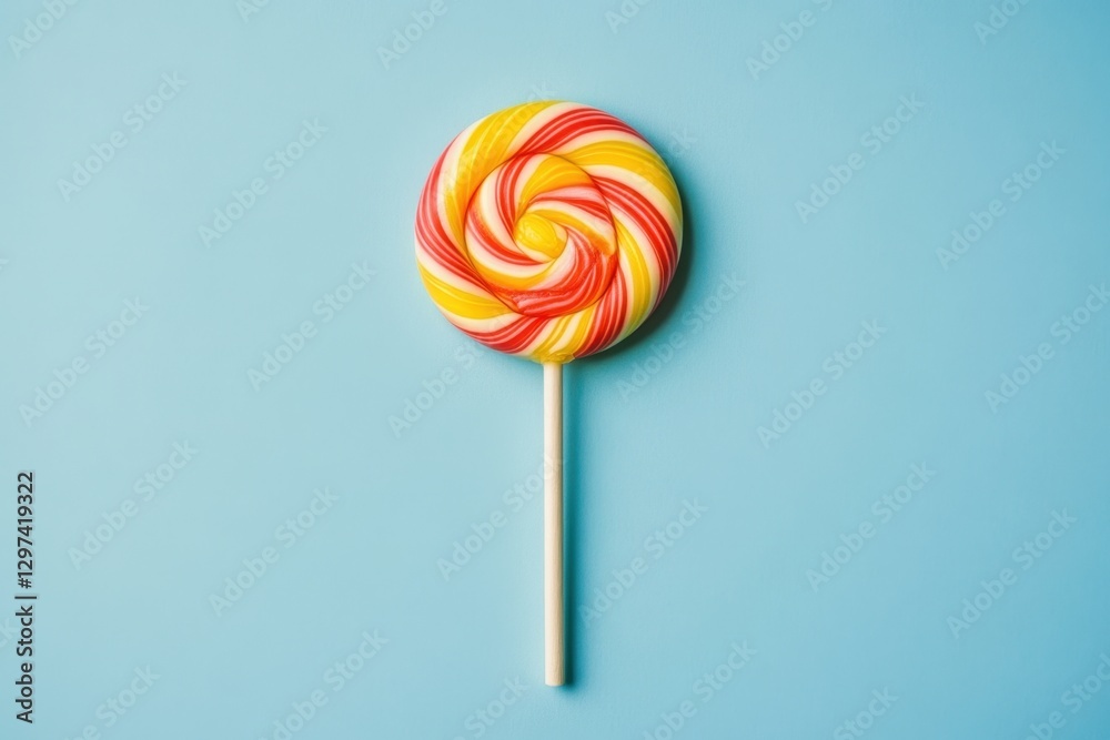 A Colorful Swirl Lollipop Isolated Against a Light Blue Background A Colorful Swirl Lollipop Isolated Against a Light Blue Background