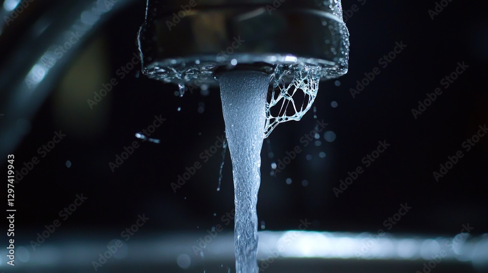 Close-up of water flowing from a shiny faucet, with droplets splashing in a dimly lit kitchen