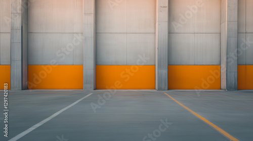 modern industrial wall with orange accents and concrete texture creates striking visual. clean lines and minimalistic design evoke sense of order.