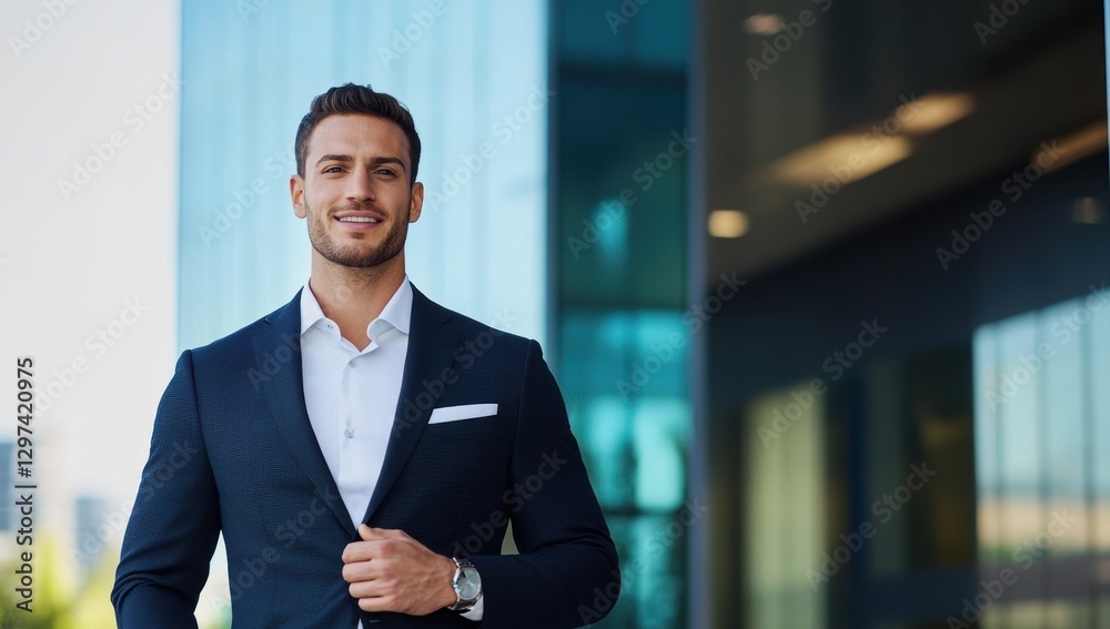 Businessman smiling in front of modern building Businessman smiling in front of modern building