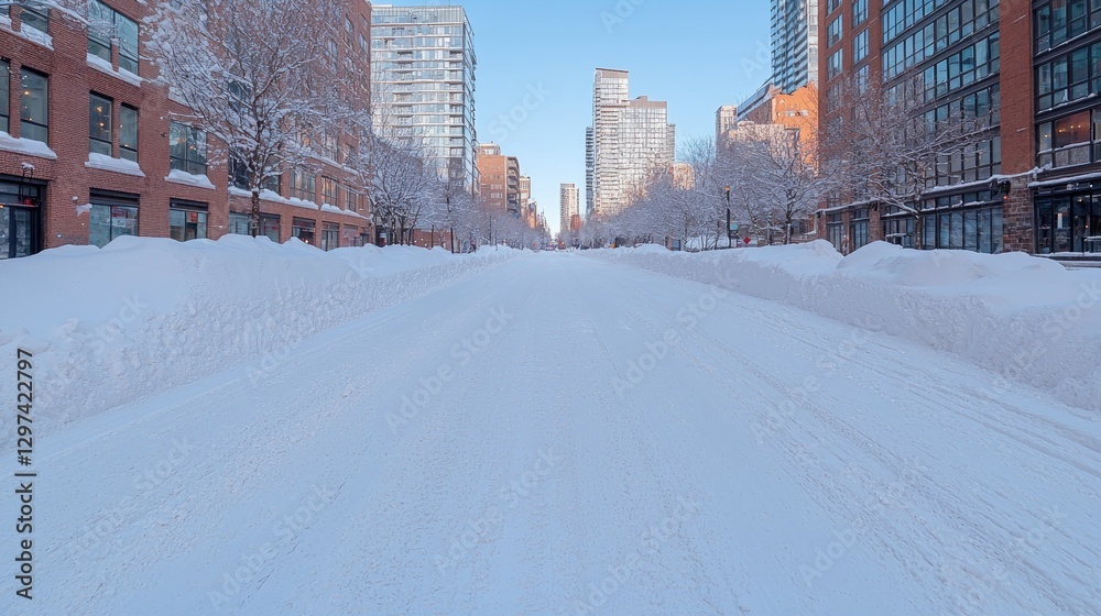 Fototapeta premium Snowy City Street, Winter Morning, Urban Landscape, Empty Road