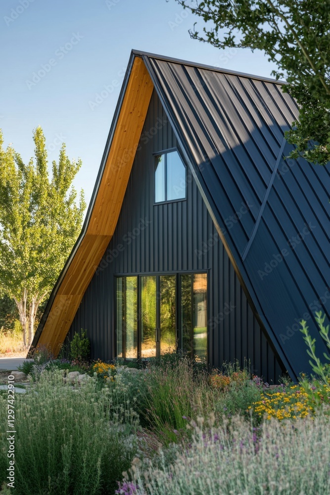 Fototapeta premium This stunning modern home features a distinctive triangular design that stands out beautifully amidst lush, vibrant landscaping, all set in a bright and sunny outdoor environment