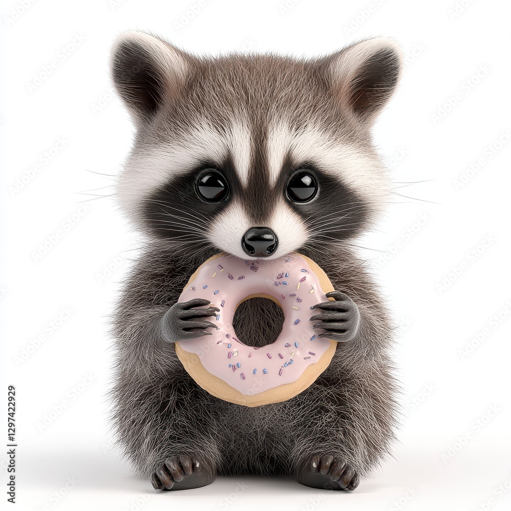 Obraz premium Adorable 3D Rendered Raccoon Holding Pink Donut with Sprinkles