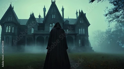 Spooky Halloween scene with a man in black cloak gown standing in front of a castle in foggy or misty winter evening generative AI