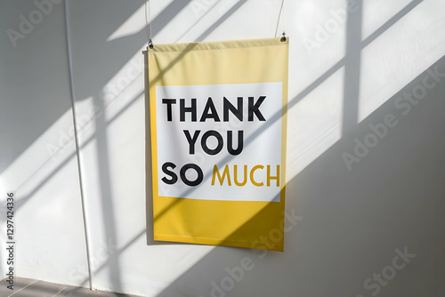 Thank you so much sign hanging on a bright yellow background, creating a cheerful and positive appreciation message