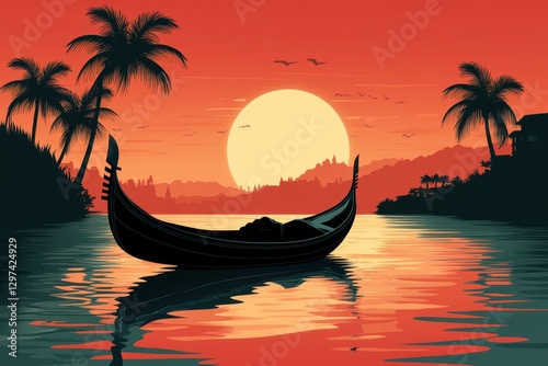 Serene Tropical Sunset Featuring Lone Floating Canoe Silhouette with Vibrant Orange Sky and Reflecting Water, Surrounded by Calm Palm Trees and Distant Birds