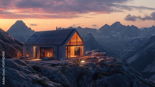 house with solar panels on top of a mountain