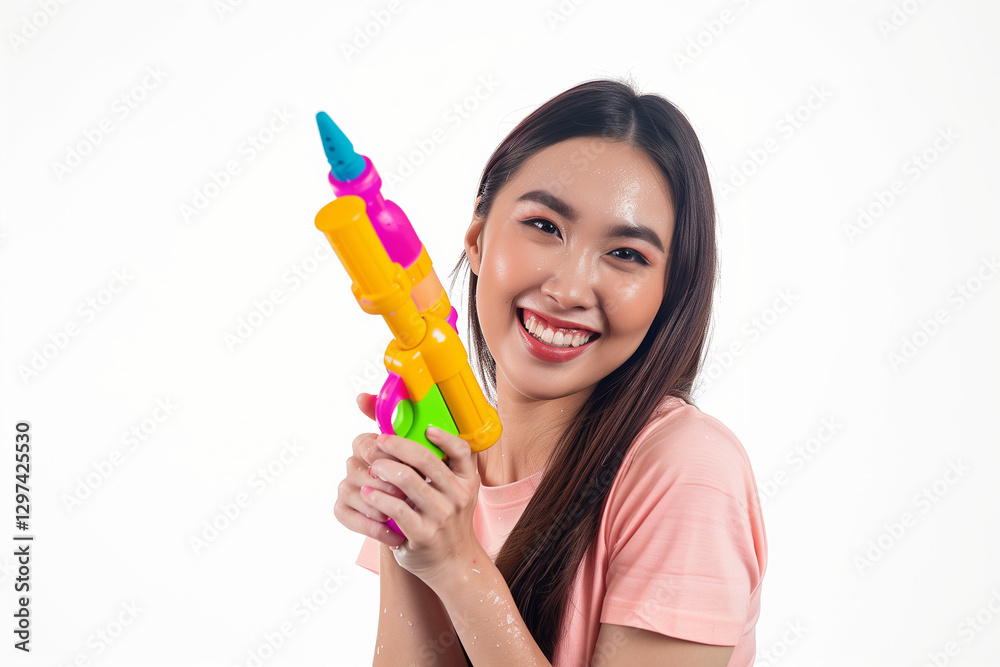 Beautiful Thai woman with colorful water gun in studio photography setting, captured with professional color grading on white background. Beautiful Thai woman with colorful water gun in studio photography setting, captured with professional color grading on white background.