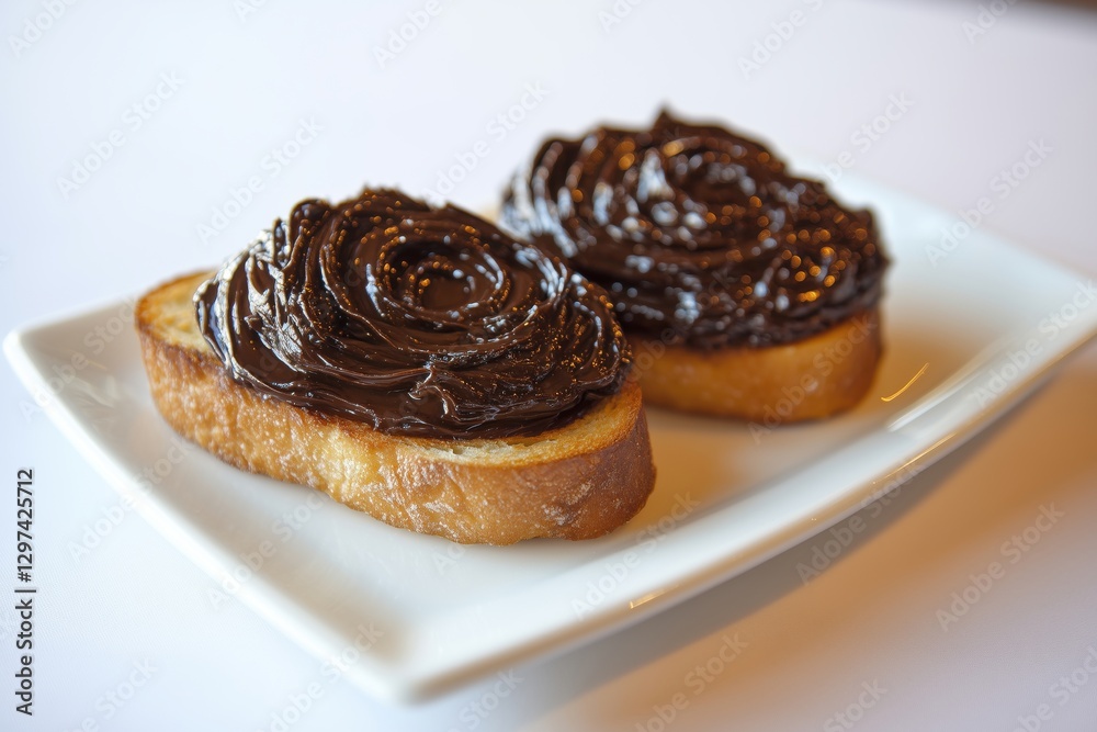 Two slices of toast topped with rich chocolate spread, served on a white plate. Two slices of toast topped with rich chocolate spread, served on a white plate.