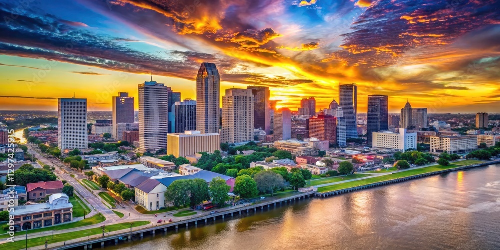 Fototapeta premium New Orleans Skyline Landscape Photography: Stunning Downtown Cityscape at Sunset