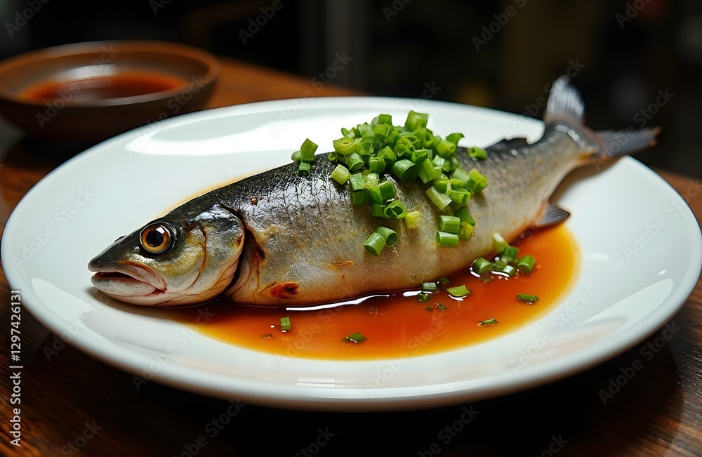 A whole fish steamed with ginger scallions and soy sauce served on a large white plate. A whole fish steamed with ginger scallions and soy sauce served on a large white plate.