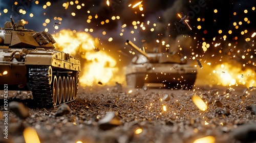 Intense and Dramatic Battlefield Scene Featuring a Powerful Military Tank Amidst Explosions Smoke and Chaos of Combat