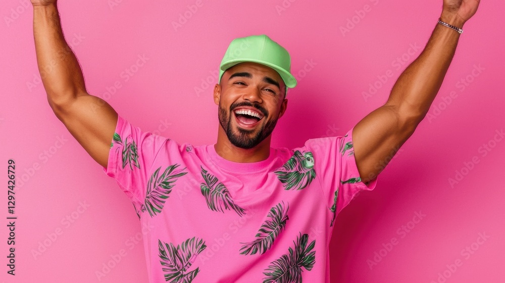 Naklejka premium Joyful Enthusiastic Man Celebrating with Raised Arms on Vibrant Pink Background Cheerful Positive Expression of Happiness and Excitement
