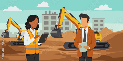 Civil engineers discussing construction progress on-site with heavy machinery in the background