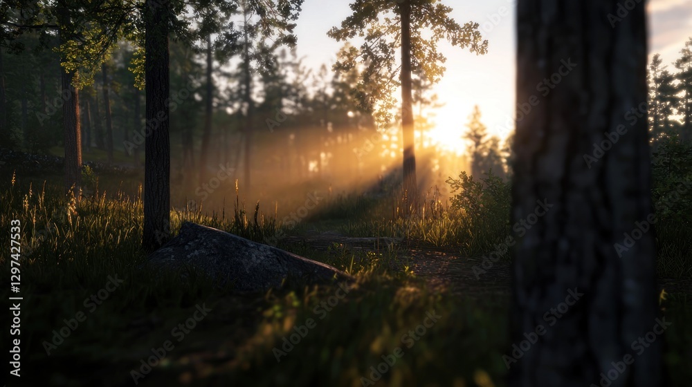 Fototapeta premium Serene forest landscape at sunset with sun rays filtering through trees and gentle mist