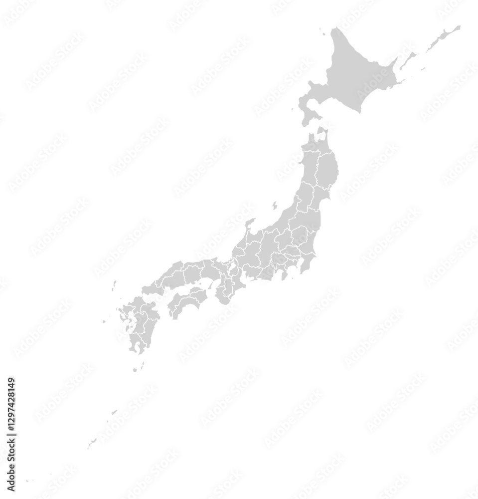 Grey with White Outline Japan Map with District Borders Asian Country Grey with White Outline Japan Map with District Borders Asian Country