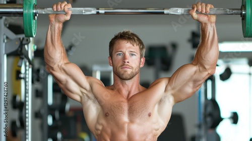 Muscular shirtless man lifting heavy weights with intense focus and determination in a modern fitness gym showcasing his impressive physique and commitment to a healthy active lifestyle
