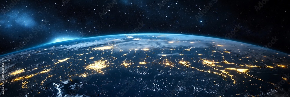 Obraz premium A stunning panoramic view of Earth from space, showcasing glowing lights on the surface and a starry sky in the background, highlighting the planet's beauty and vastness.