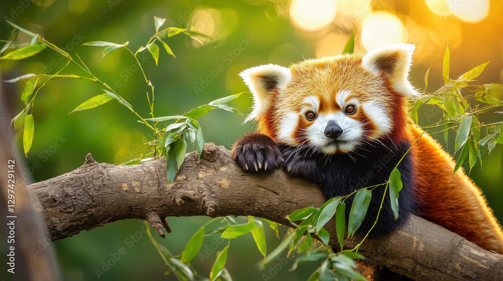 Fototapeta premium Charming red panda resting on tree branch in bamboo forest, soft light