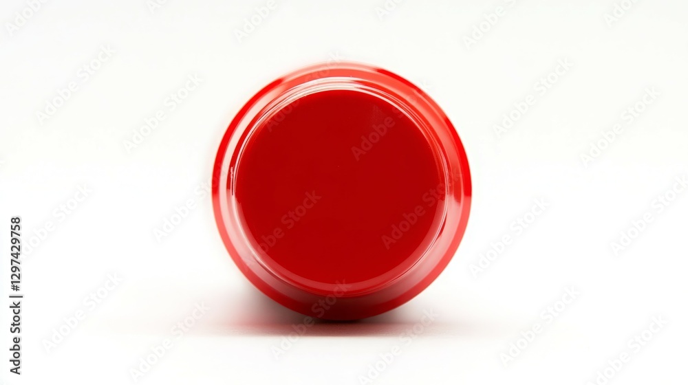 Close-up of a vibrant red cylindrical container, viewed from above, against a stark white background. Close-up of a vibrant red cylindrical container, viewed from above, against a stark white background.