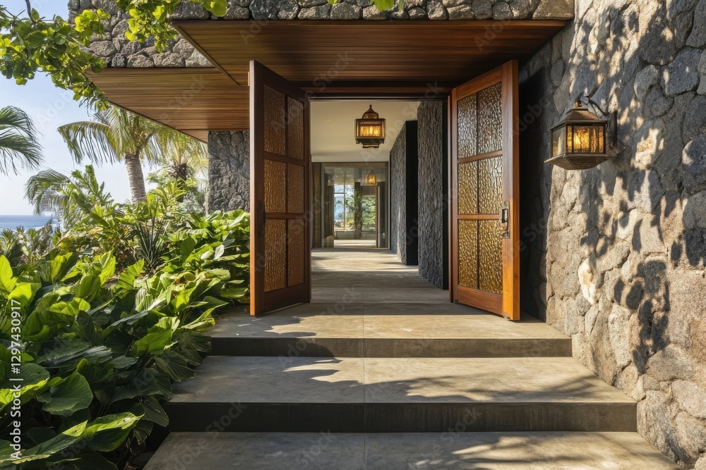 Beautiful entrance of a modern tropical villa with wooden doors and stone walls, surrounded by lush greenery and ocean view under a clear sky Beautiful entrance of a modern tropical villa with wooden doors and stone walls, surrounded by lush greenery and ocean view under a clear sky