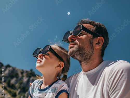 Father and daughter watching total solar eclipse with solar eclipse glasses, wearing white t-shirts with blue stripes on sleeves, father has short hair.