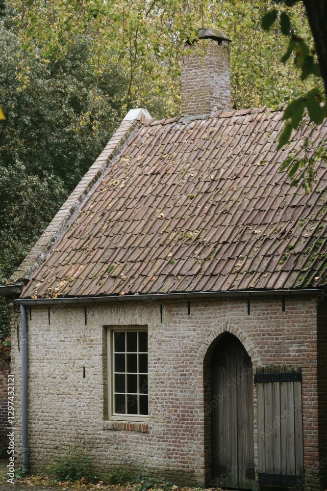A charming, small rustic house features a gently sloping roof and is nestled among trees in a serene forest setting, bathed in daylight
