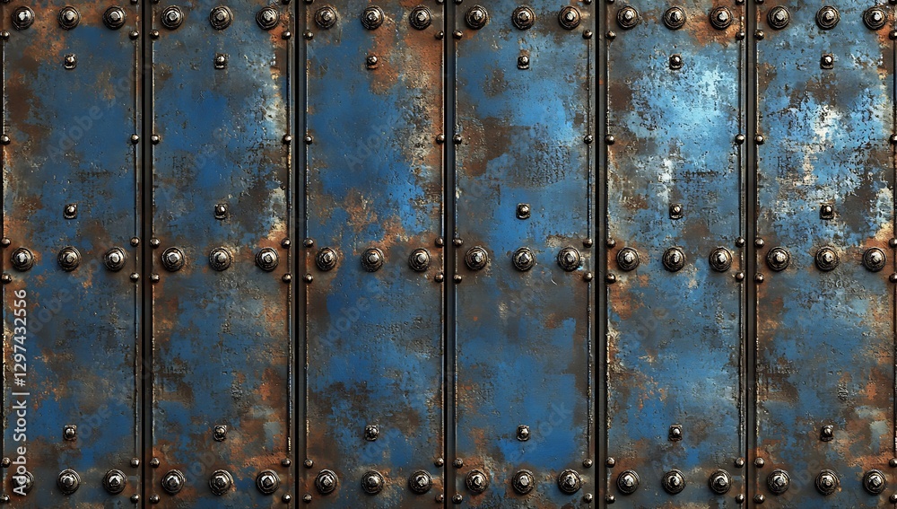 Seamless rusted metal panel texture with rivets in blue and brown tones, perfect for industrial design. High-resolution, ultra-realistic 3D rendering showcases gritty strength and depth. Seamless rusted metal panel texture with rivets in blue and brown tones, perfect for industrial design. High-resolution, ultra-realistic 3D rendering showcases gritty strength and depth.