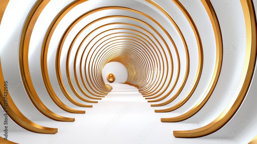 Naklejka premium Sleek modern and visually captivating abstract tunnel featuring a striking white and gold color palette elegant curved lines symmetrical patterns and a deep