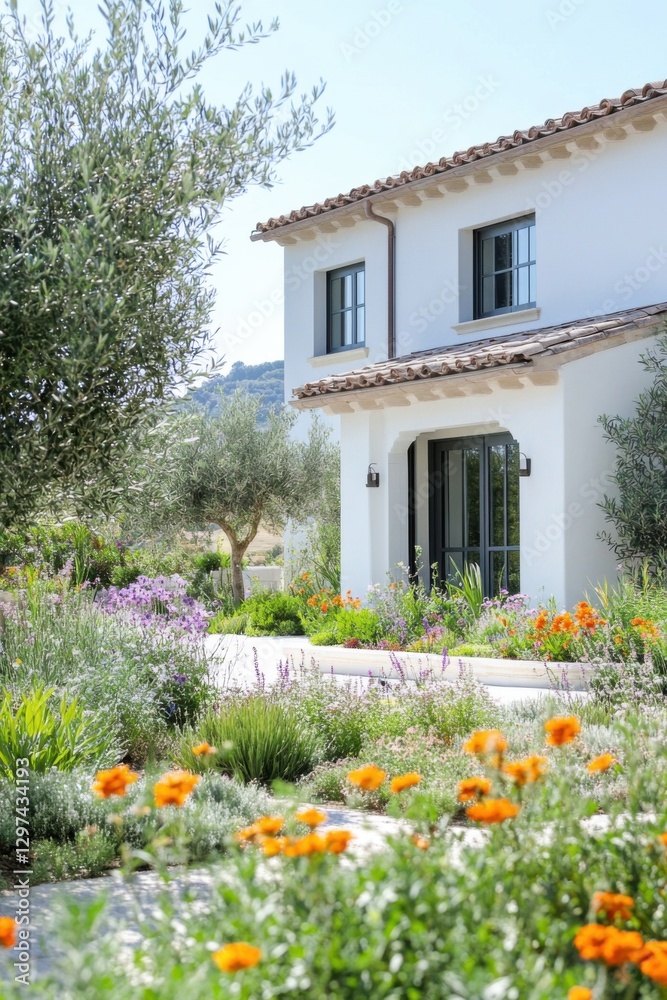 Fototapeta premium An elegant home is beautifully nestled in a serene countryside setting, surrounded by vibrant flowers and lush greenery that flourish in the daytime