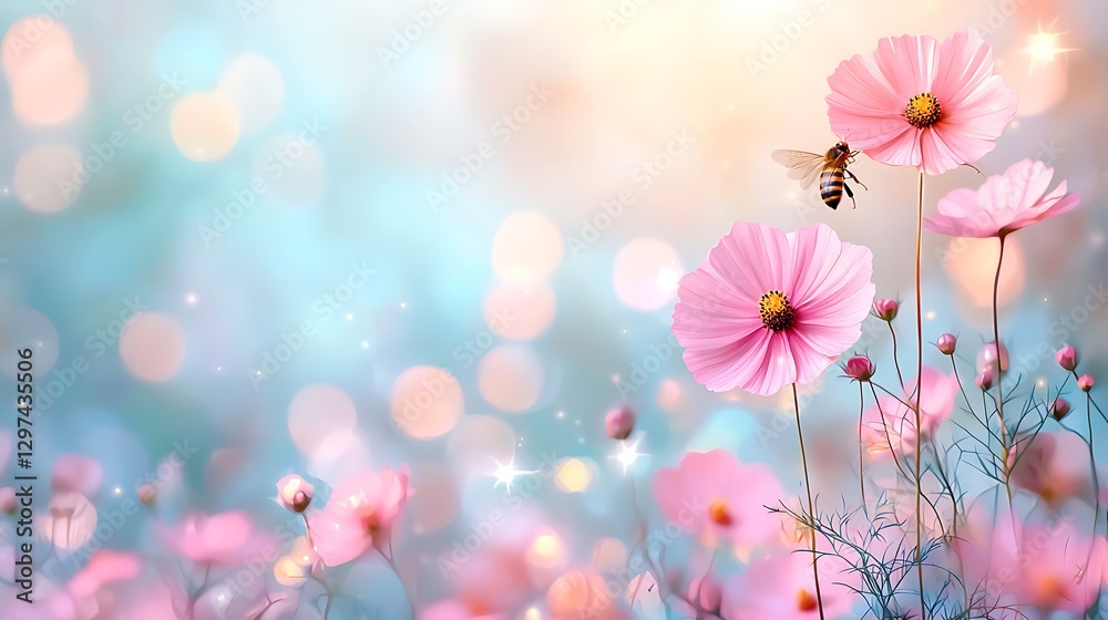 Fototapeta premium Buzzing bees and pink flowers nature's enchanted garden in soft light serenity