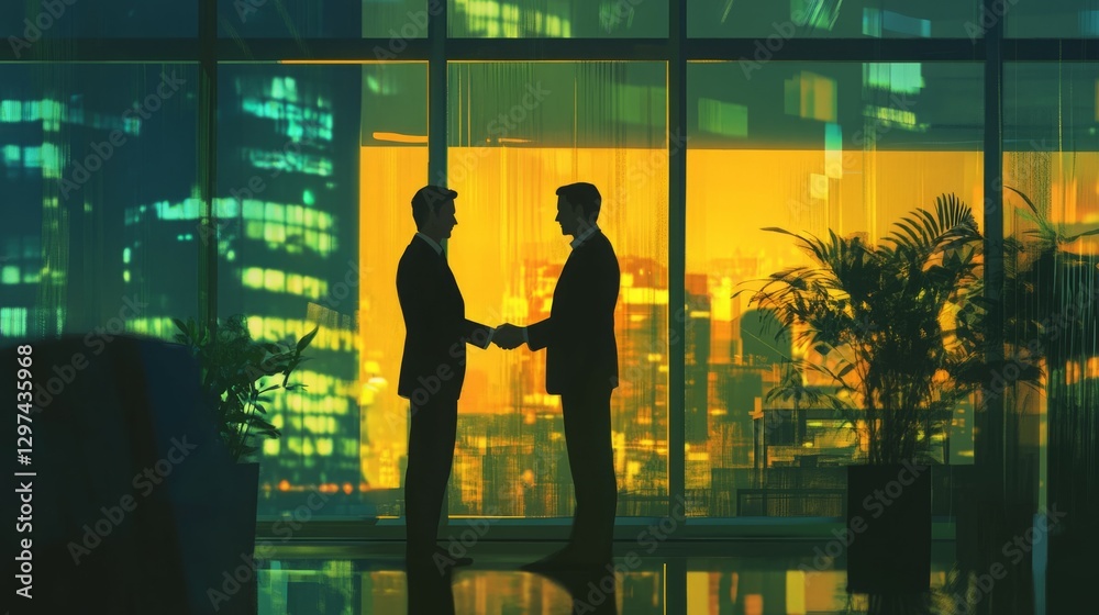 Fototapeta premium Two businessmen shake hands in a modern office at night, cityscape in the background.