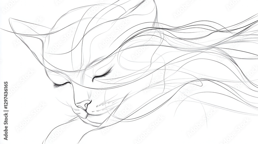 Minimalist continuous line drawing of a graceful cat with softly closed eyes, elegant curves and flowing delicate lines capturing tranquility and beauty. Black and white line art illustration Minimalist continuous line drawing of a graceful cat with softly closed eyes, elegant curves and flowing delicate lines capturing tranquility and beauty. Black and white line art illustration
