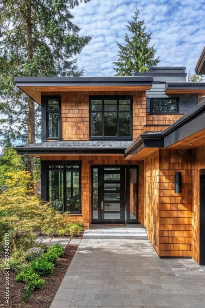 Modern wooden house with large windows surrounded by greenery in a peaceful forest setting under a clear blue sky during the day Modern wooden house with large windows surrounded by greenery in a peaceful forest setting under a clear blue sky during the day