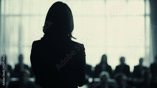 Silhouette of a woman giving a presentation to a blurred audience.