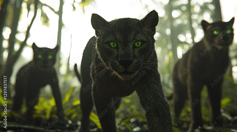 Obraz premium Three Black Panthers Prowling Through a Lush Forest