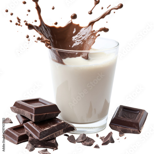 Delicious chocolate milk splashing in a glass with dark chocolate chunks on a transparent background Concept of indulgence, dessert, and sweet treat