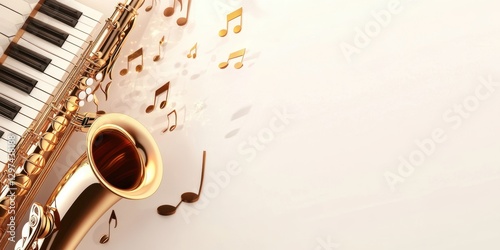 Captivating Golden Saxophone with Piano Keys and Floating Musical Notes in Vivid Harmony