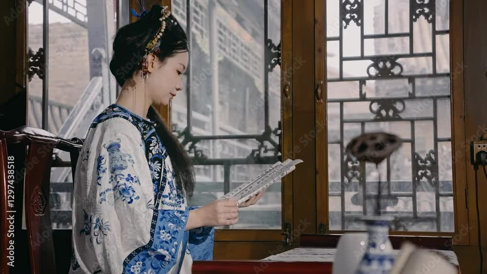 Teenage girl enjoys reading at the Ma Family Residence in ancient Pingyao Teenage girl enjoys reading at the Ma Family Residence in ancient Pingyao